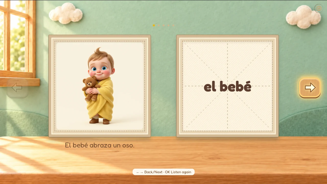 Real Spanish classroom and language selection screen from WonderBear