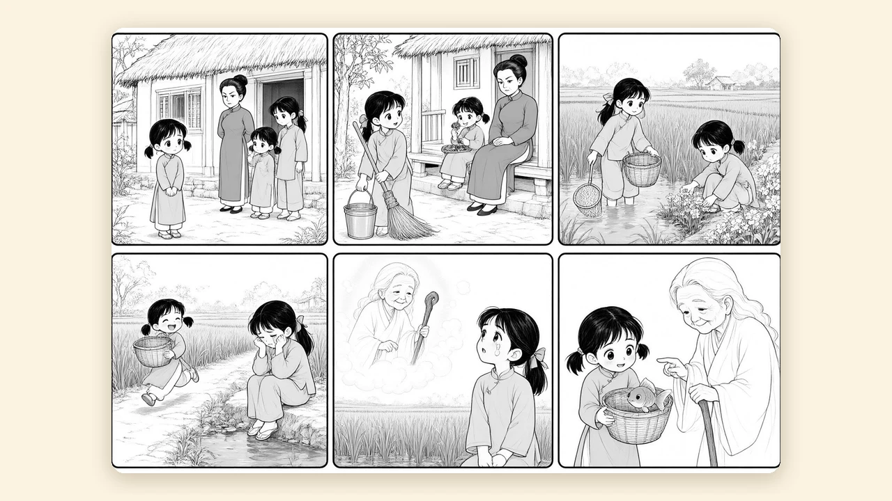 Black-and-white six-panel pencil storyboard of a Vietnamese folk tale