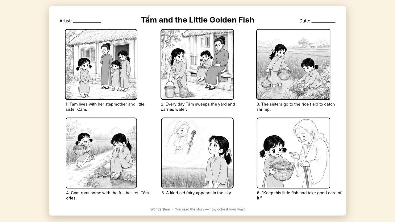 Printable A4 coloring page with six panels, captions, and spaces for name and date
