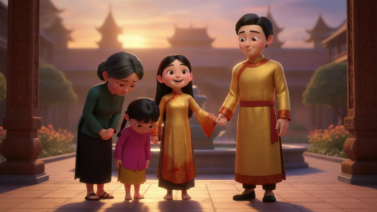 Final page of a 3D-style picture book: a family together in front of a palace